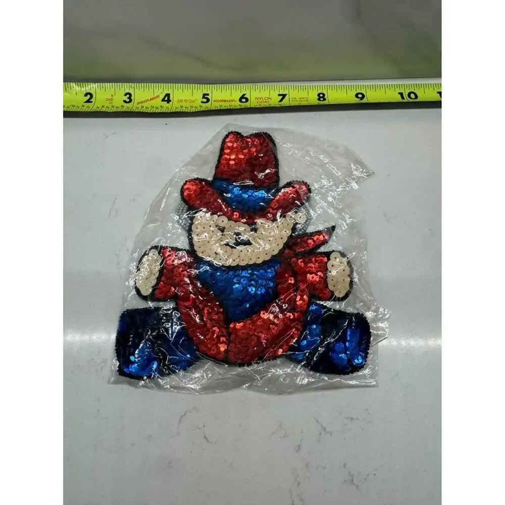 Vintage New Cowboy Teddy Bear Red White Blue Sequin Beaded Patch Appliqué